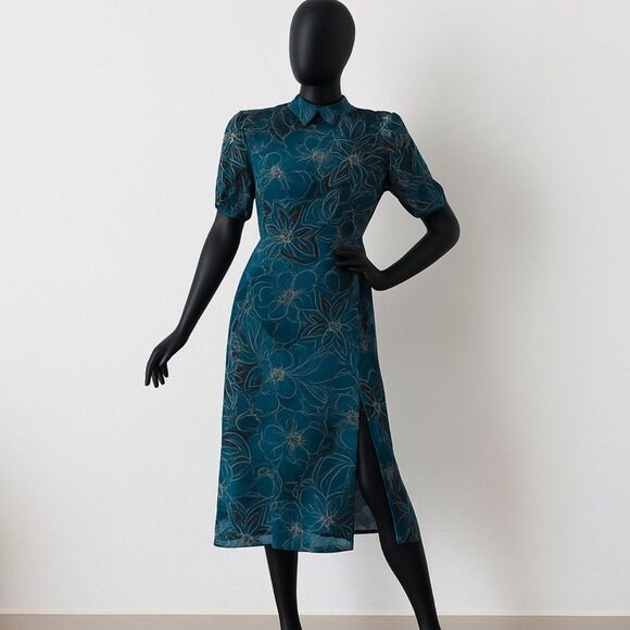 Julia Jordan Dress 16 Teal Floral Midi Puff Sleeve Slit Hem Nordstrom $1… - Picture 3 of 10